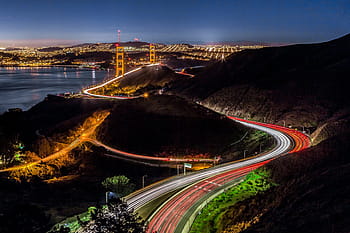 foncé, nuit, lumières, Montagne, montagnes, route, ville, immeubles, pont, architecture, nuage