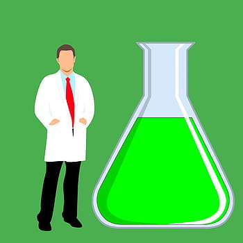 scientist, researcher, standing, next, chemical flask, flask., chemicals, molecule, physics, chemistry lab, chemistry icon