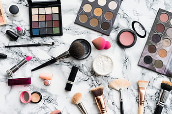 maquillaje de belleza de mujer, conjunto, blanco, fondo de mármol, belleza, pinceles, cuidado, elegante, cosméticos, fecha, citas