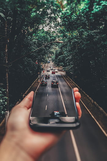mobile, photography, road, cars, trees, forest, traffic, ios, iphone, black, green
