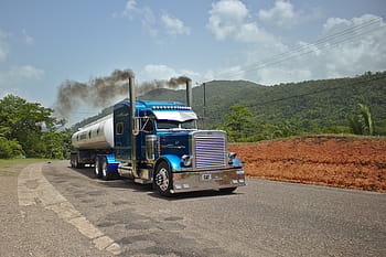 peterbilt, truck, tractor, tanker, transport, blue, smoke, industrial, commercial, chrome, freight