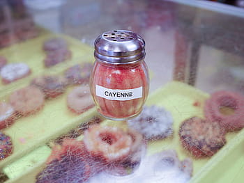 cayenne spice, glass shaker, sitting, donut shop, shop., glass, cayenne, food, dispenser, container, spicy