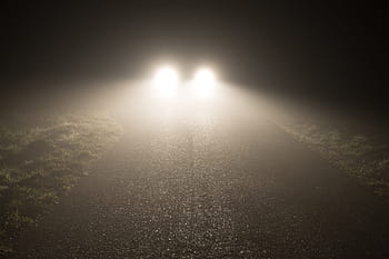 světlomety, mlha, noc, děsivé, asfalt, auto, silnice, večer, nebezpečí