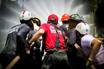 fuoco, acqua, squadra, pompiere, tubo flessibile, fiamme, casco, Fumo, pericoloso, calore, caldo