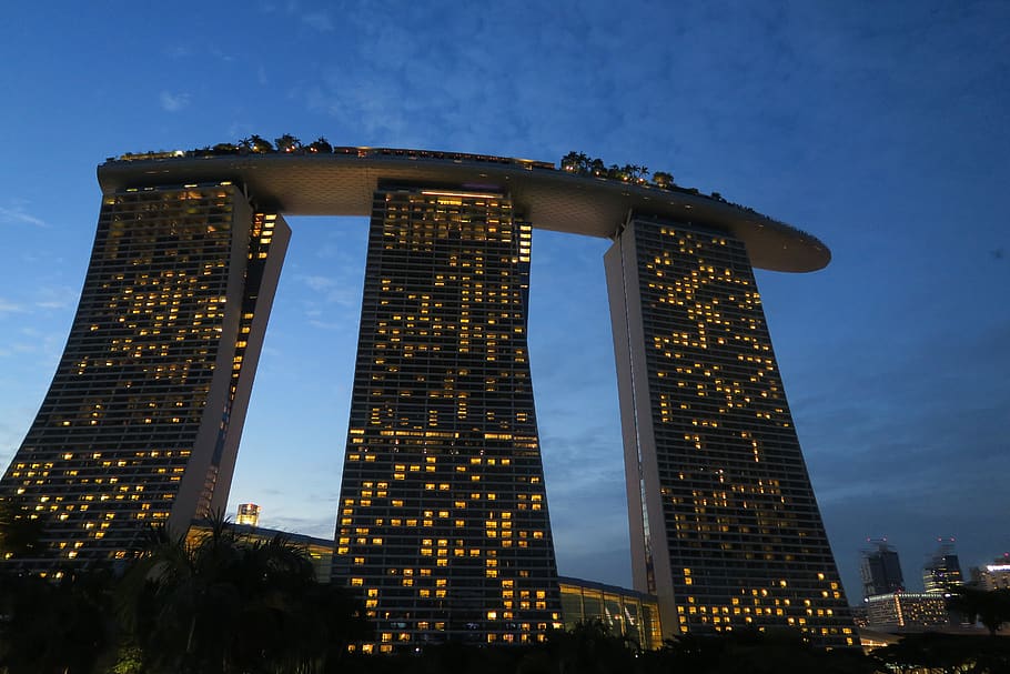 architektura, venku, město, nebe, cestovat, mrakodrap, budova, moderní, cestovní ruch, soumrak, marina bay sands