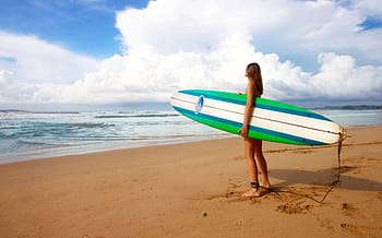 surfování, dívka, ženský, surfař, surf, prkno, surfovat, voda, mladý, pláž, moře