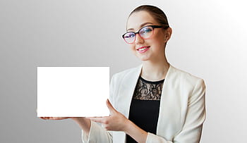 woman, holding, blank, white, sign, hands, advertising, banner, board, card, business