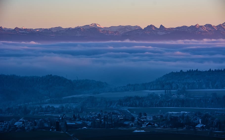 mlha, hory, soumrak, zimní, panoráma, Alpy, val de ruz, neuchatel, švýcarsko