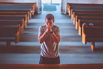 people, man, alone, praying, kneel, wooden, bench, church, chapel, religion, faith