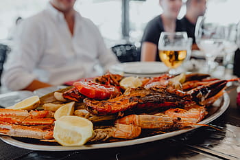 arrostito, misto, frutti di mare, contenere, Granchi, cozze, grande, gamberetti, calamari di calamari, pranzo, cena
