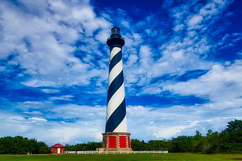 capo hatteras, faro, punto di riferimento, storico, turismo, nautico, cielo, nuvole, paesaggio, panoramico, natura