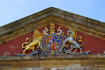 pevnost george, erb, lev, jednorožec, heraldické zvíře, symbol, koruna, heraldika, zlato, síla, Skotsko
