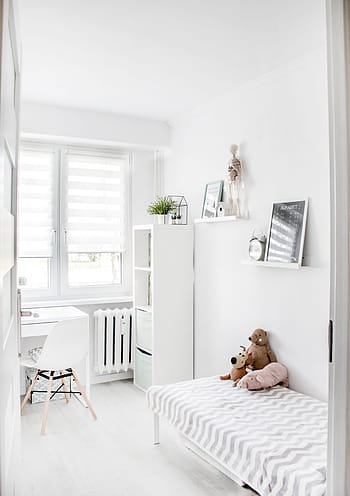 bambino, Camera da letto, bianca, minimo, orsacchiotto di peluche, letto, Casa, finestra, persiane, sedia, Moder