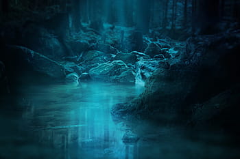 forest, waterfall, bach, moss, landscape, stones, waters, trees, moonlight, mystical, night