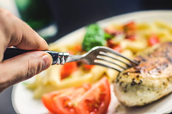 forchetta, pollo, pomodori, pasta, cibo, pranzo, cena, mani, piatto