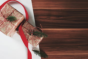 christmas, presents, laid, wooden, table background