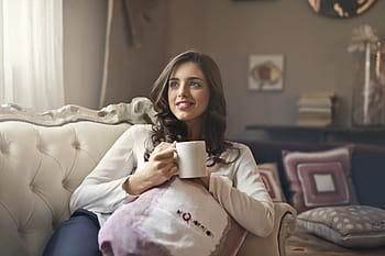 woman, couch, holding, coffee mug, hand, living, room, 25-30 year old, Furniture, Happy, Indoors