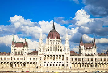 parlamentu, budapešť, Maďarsko, budova, architektura, modrý, nebe, mraky