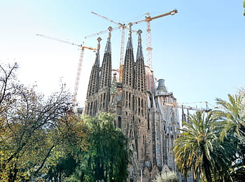 front view, sagrada familia, construction, architectural, architecture, barcelona, cathedral, church, cityscape, crane, cross