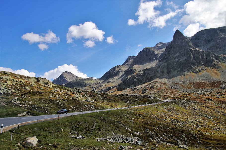 way, the alps, highway, high, mountains, meadow, julierpass, tops, the environment, the height of the, mountain