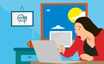 illustration, woman, shocked, something, sees, computer screen, screen., scandal, amaze, amazed, bargain