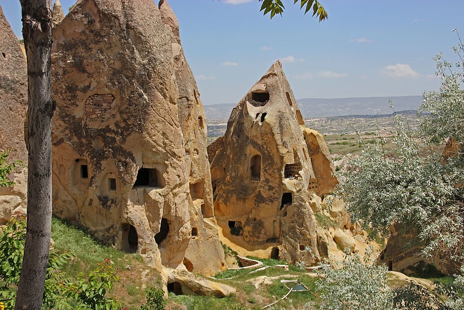 turkey, cappadocia, rock apartments, mountains, tufa, nature, stone, travel, rock, antiquity, fireplaces