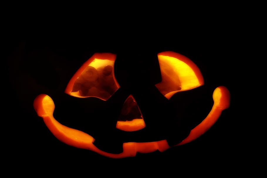 temný, Černá, detailní, tvář, zábava, legrační, řeřavý, předvečer Všech svatých, oranžový, dýně, usměj se