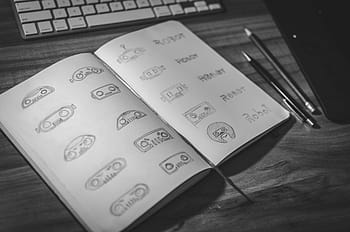 designer, logo, sketch, notebook, desk, office, business, illustration, draw, hand-drawing, keyboard