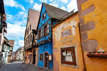 france, village, city, alsace, french, old, blue, houses, facades, townhouses, architecture