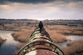 person, walking, pipeline, tube, steel, big, enormous, industry, gas, oil, resources