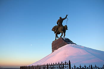 ufa, nebe, velký, kopec, básník, hrdina, modrý, sníh, jezdec, kámen, kůň