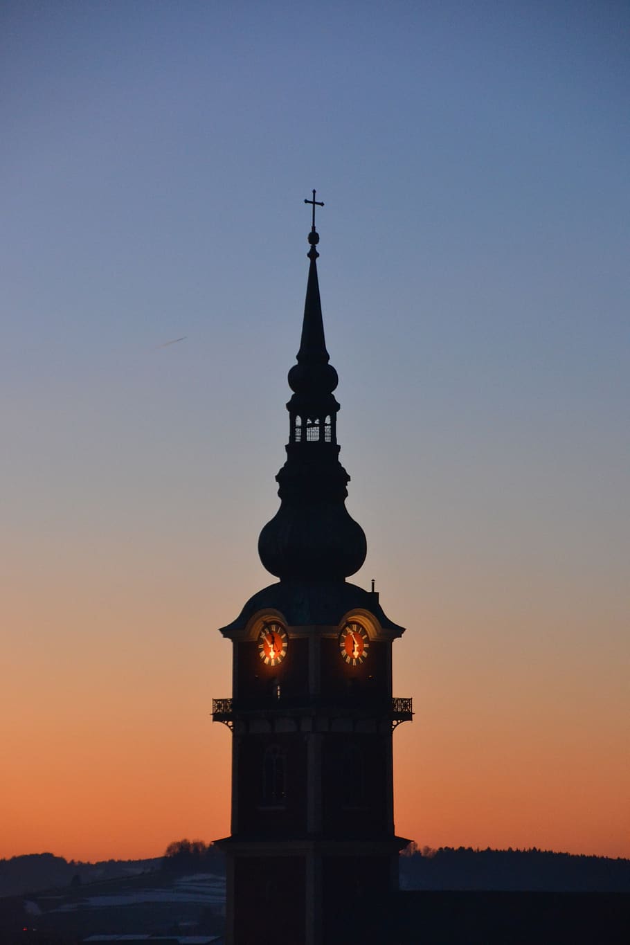 sunset, winter, steeple, dusk, abendstimmung, mood, silhouette, lighting, evening sky, tower, twilight