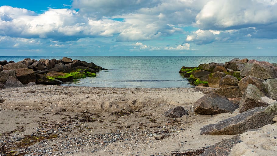 sea, baltic sea, water, beach, stones, moss, clouds, coast, sand, nature, blue