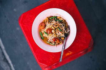 detail, á, pad thai nudle, uchovávány, plastový stůl, asijský, kuře, vaření, jídlo, vejce, zelená