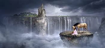 fantasy, waterfall, rock, horse, girl, clouds, ruin, landscape, water, fairy tales, romantic
