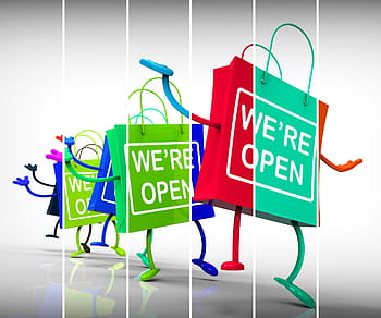re, open, shopping bags, showing, shopping availability, grand, opening, We're open, bag We're Open Bags Show Grand Opening or Launch We're Open Bags, beginning, business