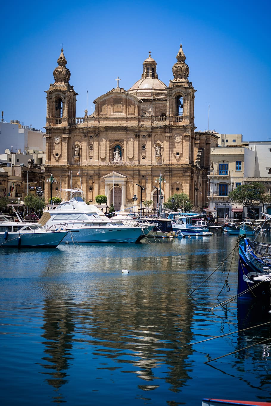 Malta, moře, loď, kostel, letní, voda, nebe, modrý, přístav, oceán, ostrov