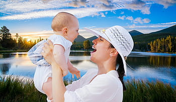 photo illustration, happy, mother, baby, lake background, smiling, summer, people, water, woman, child
