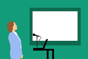 illustration, woman teaching, front, whiteboard, microphone, laptop computer, computer., trainer, board, class, classroom