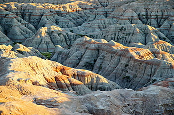 Pohled, badlands, národní, park, večer, západ slunce., barevný, kapely, viděl, skalní útvary, formací.