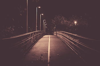 Brücke, Licht, Nacht-, glühen, dunkel, gelbe Linie, Zaun, Bäume