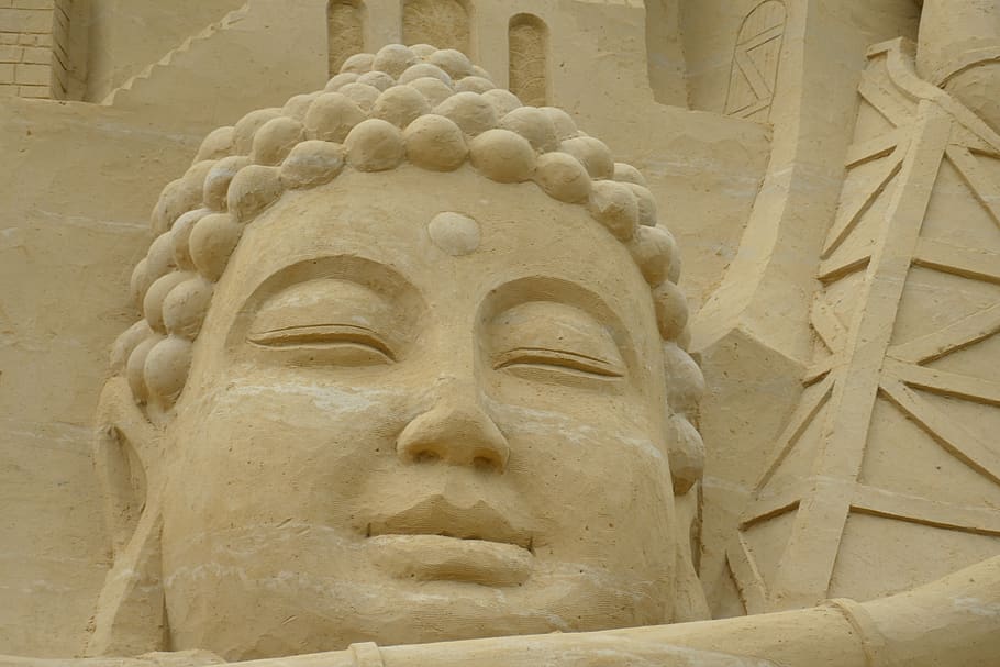 duisburg, north landscape park, landscape park, ruhr area, industrial park, sand, sandburg, art, figure, head, buddha