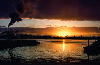 industrial, factory smoke, smokestacks, sunset sky, clouds, electricity, emission, factory, manufacturing, ocean, pink