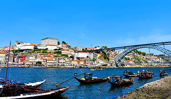 typical, rabelo boats, carrying, port wine barrels, -, view, banks, port, wine, boats, bridge
