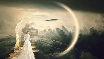 dreams, heaven stairs, fantasy, woman, dress, mysterious, fairytale, magic, clouds, moon, thoughts
