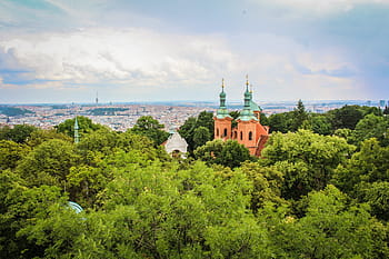 paesaggio, alberi, sinagoga, vista, praga, cielo, nuvole, verde, natura