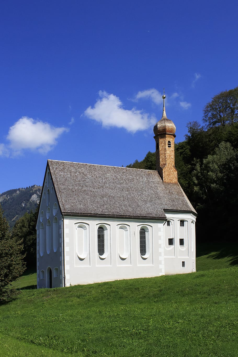 church, baroque, mountains, forest, architecture, building, christianity, religion, old, catholic, christian
