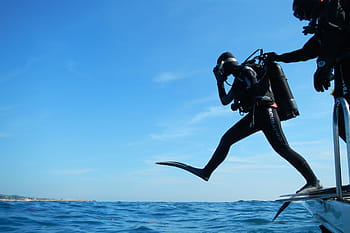 scuba leap, people, diver, divers, diving