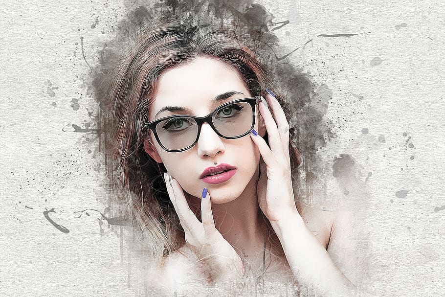 wanita, gadis, perempuan, muda, kecantikan, model, kacamata, potret, tinta, percikan