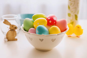 happy, easter!, bowl, full, easter, eggs.